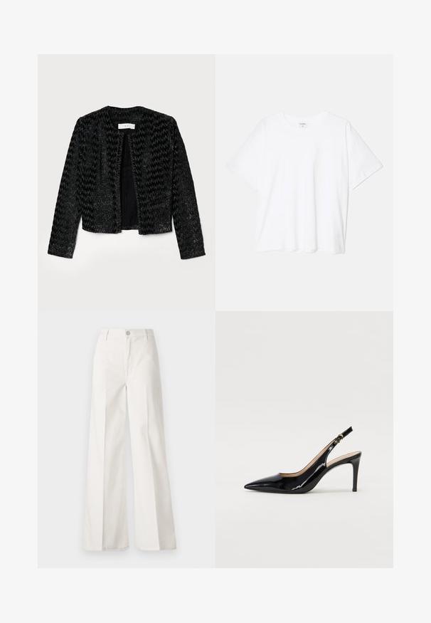 Svart kort jacka med en texturerad, zigzag-mönster som har metalltrådar för lyster. Ingen stängning, rund halsringning och långa ärmar.; Vit bomull t-shirt med kort ärm, rund halsringning, avslappnad passform och söm i nederkant. Etikett synlig på insidan av halsen.; Vita vida-byxor gjorda av bomull med en slät textur. Har en framknapp, gylf med dragkedja och fyra fickor.; Svart patenterat läder slingback pumps med spetsig tå, smal klack och en subtil utskärning. Har en guldbuckle på remmen.