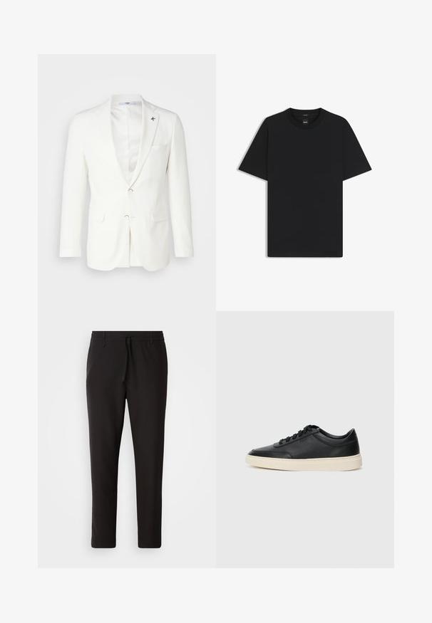 Kigili DANNY - Colbert - white; Zwarte korte mouwen T-shirt van een gladde katoenmix, met een ronde halslijn en een minimalistisch ontwerp zonder patronen of accenten.; Zwarte joggingsbroek van gladde stof. Kenmerkt zich door een elastische tailleband met een trekkoord, taps toelopende benen en geen zichtbare zakken. Eenvoudig ontwerp.; Zwarte leren sneaker met lage schacht, zwarte veters en off-white zool, weergegeven in zijprofiel op een witte achtergrond.