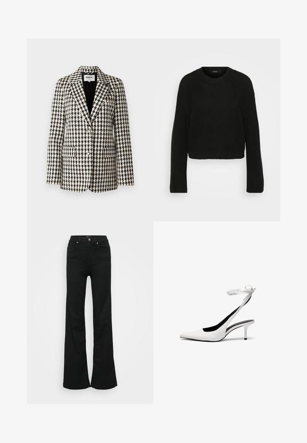 ONLY Tall ONLELINOR - Blazer - black; Zwart gebreid sweater met een ronde halslijn en lange mouwen. Heeft een gestructureerd patroon en een verkort ontwerp.; Zwarte wijde jeans gemaakt van denim, met een hoge taille, vijf zakken en een metalen knoopsluiting. Gladde textuur met minimale detailing.; Witte pointed-toe slingback hakken met een dunne enkelband. Gladde leren materiaal, dunne stilettohak en een zwarte binnenvoering.