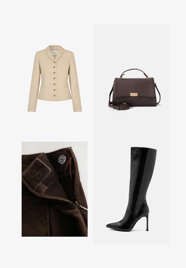 Beige blazer met een getailleerde pasvorm, voorzien van een reverskraag, zes vergulde knopen en twee zijzakken. Gemêleerde stof.; Zwarte coltrui gemaakt van lichte brei stof. Heeft lange mouwen, een aansluitend design en een zachte ribbeltextuur.; Bruine corduroy stof met een gladde textuur, voorzien van een rits, knoopsluiting en een interne sluiting voor een veilige bevestiging.; Zwarte knielange laars van glanzend leer, met een puntige neus en een slanke stilettohak. Glad textuur met een minimalistisch ontwerp.; Bruine neplederen handtas met een gestructureerd ontwerp, een afneembare schouderriem en een goudkleurige sluiting. Heeft een tekstuurpatroon aan de onderkant.