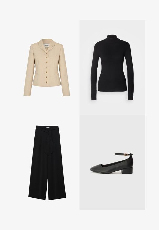 Beige blazer met een getailleerde pasvorm, voorzien van een reverskraag, zes vergulde knopen en twee zijzakken. Gemêleerde stof.; Zwarte coltrui gemaakt van lichte brei stof. Heeft lange mouwen, een aansluitend design en een zachte ribbeltextuur.; Zwarte wijde broek van textuurstof, met een elastische tailleband en een afneembare sjaalstrik in de taille voor een verstelbare pasvorm.; Zwarte leren pump met een spitse neus en een lage blokhak. Beschikt over een enkelband met een goudkleurige gespsluiting. Gladde textuur.
