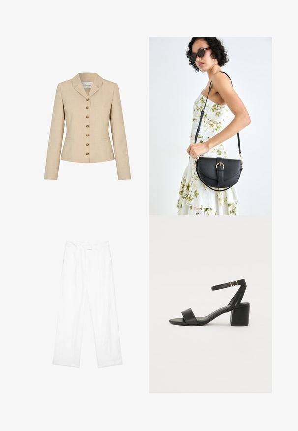 Bežinis švarkas, pritaikytas pagal figūrą, su iškirpte, šešiomis auksinės spalvos sagomis ir dviem šoninėmis kišenėmis. Textūruotas audinys.; Kremo spalvos bluzonė su trumpomis pūtimis, surinktu kaklu ir šoninėmis klostėmis, pagaminta iš lygaus audinio su švelnia tekstūra.; Balti lino kelnės su laisvu siluetu, tiesaus dizaino kojomis, priekinėmis kišenėmis ir lygiu liemeniu. Visas paviršius glotnus.; Juodos aukštakulnės sandalai su lygiu odiniu viršumi, atvira nosimi, plačiomis priekinėmis dirželiomis ir reguliuojama kulkšnies juosta su auksiniu sagtimi.; Juodas odinis krepšys su išlenkta forma, nuimamu dirželiu ir auksiniais detalėmis. Krepšys turi kilpą su sagtimi.