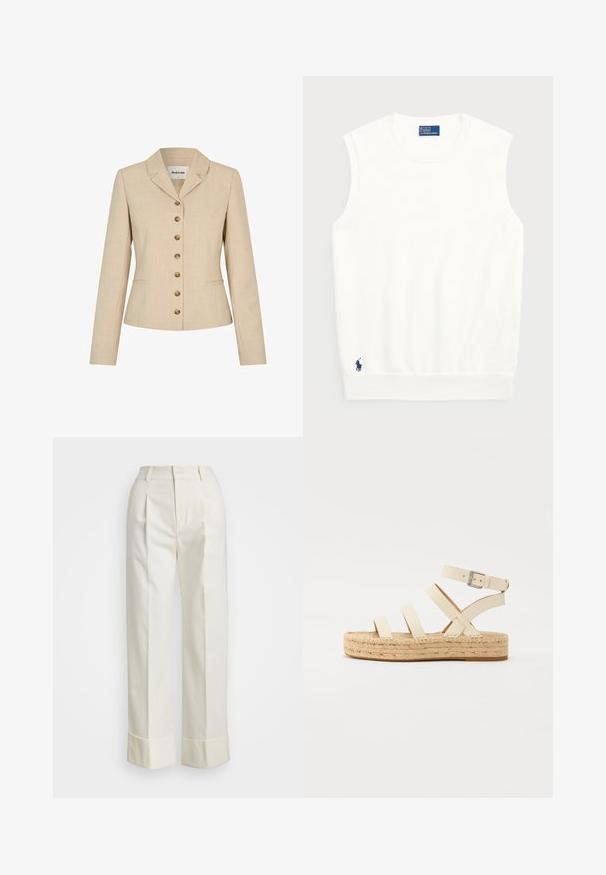 Bežs jaka ar pielāgotu piegriezi, ar iegrieztu apkakli, sešām zelta nokrāsas pogām un divām sānu kabatām. Tekstūra audums.; Balts bezpaliktņa džemperis, izgatavots no gludas kokvilnas, ar ribotu apmalīti un mazu tumši zilu logotipu apakšējā kreisajā stūrī. Vienkārša dizaina, bez rakstiem.; Baltas, piegriezts bikses ar augstu jostu, dubultām priekšējām krokām un platajām kājām ar salocītām malām. Izgatavotas no gludas, strukturētas auduma.; Gai bēšs ādas espadrilu sandalītes ar četriem krusteniskiem siksniņām un potītes sprādzi, kurām ir austs jūtas platformas zole un plakana gumijas pamatne.