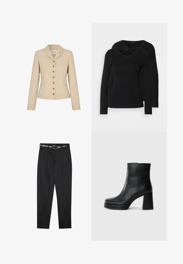 Blazer beige con un corte ajustado, que presenta un cuello con muesca, seis botones en tono dorado y dos bolsillos laterales. Tejido texturizado.; Dos camisetas negras de manga larga con diseño de escote en V, confeccionadas en una tela suave y elástica, que muestran una textura lisa y una forma ajustada.; Pantalones negros con una tela suave, que cuentan con una cinturilla ajustada y un cinturón gris texturizado con una hebilla dorada. Piernas ligeramente ajustadas.; Botín de cuero negro con tacón cuadrado y suela de plataforma, visto de lado sobre un fondo blanco liso.