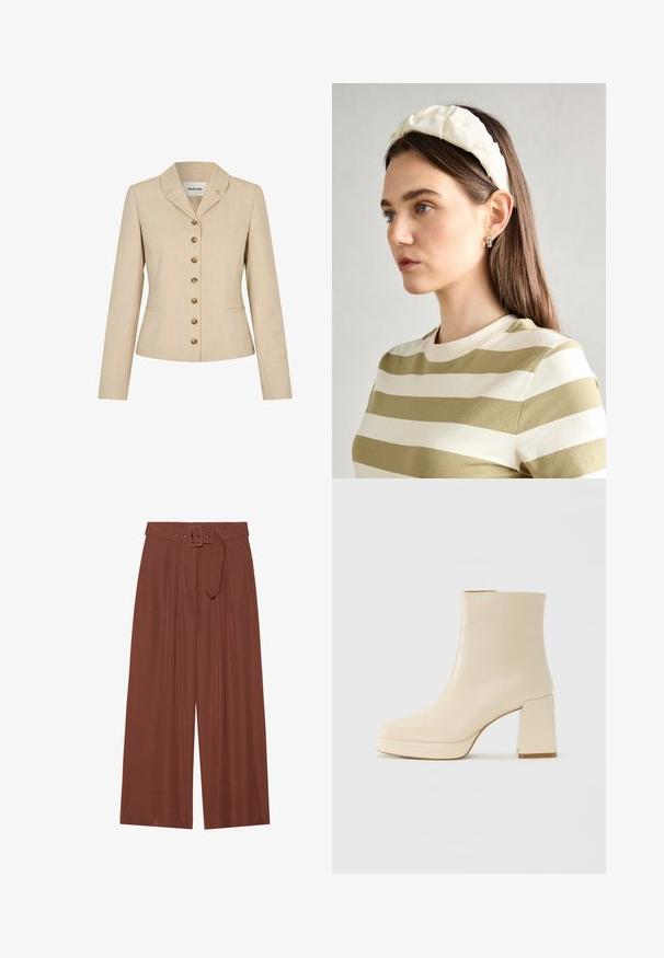 Beige zakó, amely testreszabott szabású, lekerekített gallérral, hat aranyszínű gombbal és két oldalsó zsebbel rendelkezik. Texturált anyag.; Fehér, rövid ujjú póló széles kerek nyakkivágással és textúrázott, bordás mintával, puha anyagból készült, laza fazonú és letisztult dizájnú.; Barna anyagból készült, széles szárú nadrág, négyzet alakú csattal ellátott övvel, redők kialakítással és sima textúrával.; Beige bőr bokacsizma bársonyos felülettel, tömbsarokkal és platform talppal, enyhén szögletes orral, balra nézve, fehér háttér előtt.; Krém színű párnázott fejpánt csavaros kivitelezéssel, bézs és fehér csíkos pólóval párosítva, kerek nyakkivágással. Diszkrét ékszer kiegészítők.