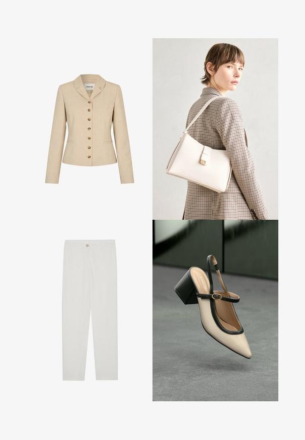 Beige blazer with a tailored fit, featuring a notched collar, six gold-tone buttons, and two side pockets. Textured fabric.; White short-sleeve T-shirt made of soft cotton. Features a round neckline and relaxed fit. Clean design with no visible patterns or accents.; White, tailored trousers with a straight leg design, featuring a button closure, belt loops, and side pockets; smooth fabric texture.; Beige high-heeled slingback shoe with pointed toe, black trim, and buckle detail. Smooth material with a matte finish, medium block heel.; White leather handbag with a structured design, featuring a magnetic clasp and a shoulder strap, showcased against a neutral background.
