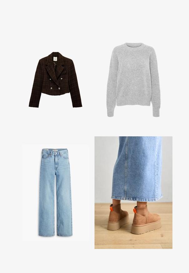 Chaqueta corta de tweed marrón, de doble botonadura, con un cuello con muescas, botones plateados y un acabado texturizado. Interior forrado en un color liso.; Suéter gris de punto con mangas largas, cuello redondo, puños y dobladillo acanalados, que presenta una textura suave y un corte relajado.; Jeans de pierna ancha de talle alto, de un azul claro, con botón y cremallera en el frente, lazos para cinturón y estilo de cinco bolsillos.; Botas de plataforma de ante marrón con paneles laterales elásticos y tiradores naranjas, combinadas con una falda de mezclilla ligera hasta la rodilla sobre un suelo de madera.