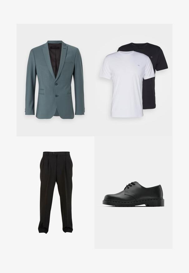 Blazer azzurro chiaro con rever a punta, chiusura a doppio bottone, due tasche frontali e una tasca sul petto. Texture morbida e vestibilità su misura.; Due magliette in cotone, una bianca e una nera, a maniche corte con scollo tondo, caratterizzate da un piccolo logo sul petto e una trama liscia.; Pantaloni neri in tessuto morbido, con pieghe frontali, vita con bottone e polsini a gamba affusolata. Silhouette classica e sartoriale.; Scarpa oxford in pelle nera con design con lacci, punta arrotondata, suola piatta in gomma e dettagli di cucitura discreti lungo la parte superiore.