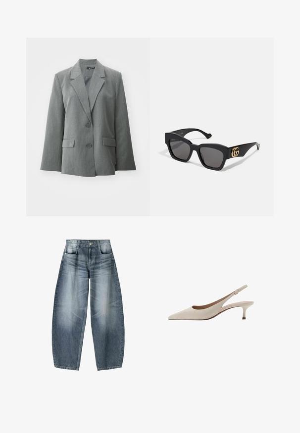 Gina Tricot RELAXED - Blejzer - grey melange; Biela dámska blúzka s dlhým rukávom, lodičkovým výstrihom, s prepletením v oblasti pása a mierne priliehavým strihom.; Džínsy s širokými nohavicami vyrobené z svetlomodrého denim materiálu s opotrebovaním, s piatimi vreckami, zapínaním na gombík a minimálnym prešívaním.; Béžové lodičky na opätku s špicatou špičkou a nízkym rozšíreným opätkom. Vyrobené z hladkej kože s minimalistickým dizajnom a nastaviteľným popruhom.; Čierne obdĺžnikové slnečné okuliare s tmavými sklami, so zlatým logom GG na boku. Vyrobené z lesklého plastu s rovnými ramenami.