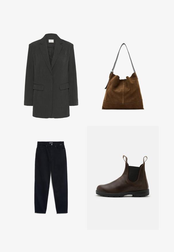 Blazer de un solo botón en gris oscuro con solapas de muesca, dos bolsillos con solapa, un bolsillo de pecho y un forro interior negro.; Jersey de cuello alto azul marino con textura acanalada, mangas anchas y un ajuste relajado. Material suave y diseño minimalista.; Jeans de mezclilla negra con pierna recta, diseño de cinco bolsillos y cierre de botón. La tela tiene una textura suave y costuras mínimamente visibles.; Botín de cuero marrón hasta el tobillo con paneles laterales elásticos, lengüetas y suela de goma texturizada. Presenta un diseño elegante con punta redonda.; Bolso tipo cubo de ante marrón con una correa de cuero negra, que presenta una silueta suave y costuras en la base.