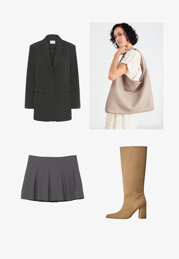 Tamno sivi sako s jednim kopčanjem, s reverima, dva džepa s poklopcem, jednim džepom na prsima i crnom unutrašnjom podstavom.; Svijetloplavi košulja dugih rukava s okovratnikom na dugmad, jednim džepom na prsima i opuštenim krojem. Glatka tekstura tkanine i klasičan dizajn.; Siva plisirana suknja s glatkom teksturom, s umetcima od šivanja i uskim pojasom, koja se završava u sredini bedra.; Bež nubuk čizme do koljena s blok potplatom, s izduženim vrhom i glatkom teksturom. Minimalistički dizajn bez ukrasa.; Torbica od bež tkanine sa ležernim dizajnom i jednim remenom za rame. Ima teksturirani uzorak po cijeloj površini.