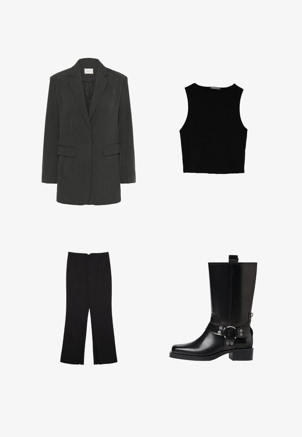 Ciemnoszary jednorzędowy żakiet z klapami, dwiema kieszeniami naszytymi, kieszenią na piersi oraz czarną podszewką.; Czarny bezrękawnik crop top z gładkiego materiału, z okrągłym dekoltem i czystym, prostym wzornictwem, bez wzorów czy metalowych elementów.; Czarne spodnie o prostym kroju, z przednimi kieszeniami i bocznymi rozcięciami na dole. Wykonane z miękkiego, gładkiego materiału. Odpowiednie na różne okazje.; Czarne skórzane buty za kolano z wydłużonym noskiem, srebrnymi akcentami w postaci klamr oraz masywnym obcasem. Posiadają pętelkę umożliwiającą łatwe zakładanie.