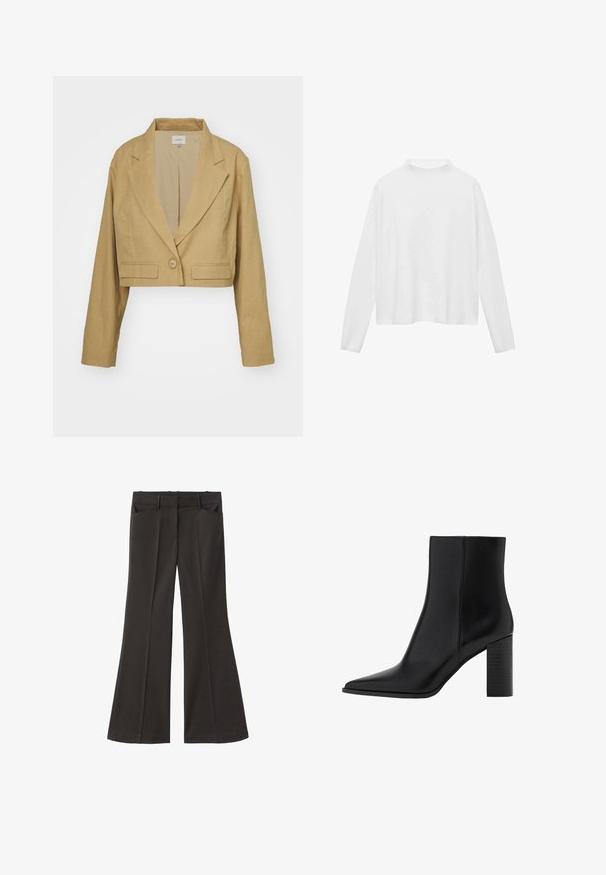 Getailleerde blazer van lichtbruin linnen met een notch-rever, enkele knoopsluiting en witte stiksels die de voorzakken accentueren.; Witte langslavige top met een hoge hals. Zachte stof, relaxte pasvorm en zijsplitten. Glad oppervlak zonder patronen of versieringen.; Zwarte flared broek met een hoge taille; beschikt over twee voorkeurszakken en een gladde stoftextuur. Geschikt voor verschillende gelegenheden.; Zwarte leren enkellaars met een spitse neus, vierkante hak, een gladde textuur en stikdetails langs de naden. De hakken zijn ongeveer 8,9 cm hoog.