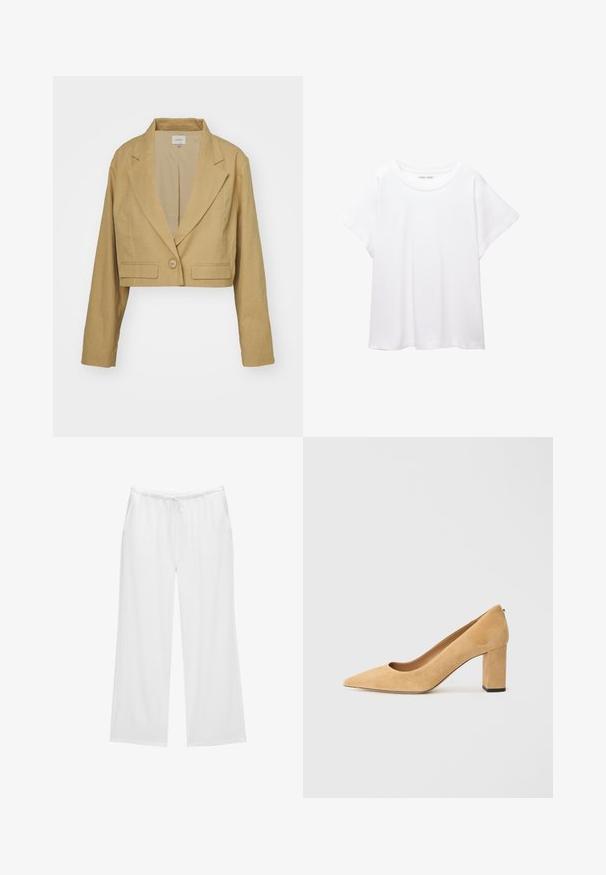 Lyhyt bleiseri vaaleanruskeasta pellavasta, johon kuuluu viisto kaulus, yksittäinen napitus ja valkoinen ommel etutaskujen reunalla.; Valkoinen T-paita, joka on valmistettu pehmeästä ja kevyestä kankaasta. Omistaa pyöreän kaula-aukon ja lyhyet, leveät hihat rentoa istuvuutta varten. Ei näkyviä kuvioita.; Valkoiset leveät housut, jotka on valmistettu pehmeästä kankaasta. Niissä on joustava vyötärö, jossa on naru, sekä kaksi sivutaskua. Yksinkertainen ja raikas muotoilu.; Beige mokkanahkainen korkokenkä, jossa on terävä kärki ja paksu lohko-korko. Materiaalissa on pehmeä rakenne ja sileä pinta.