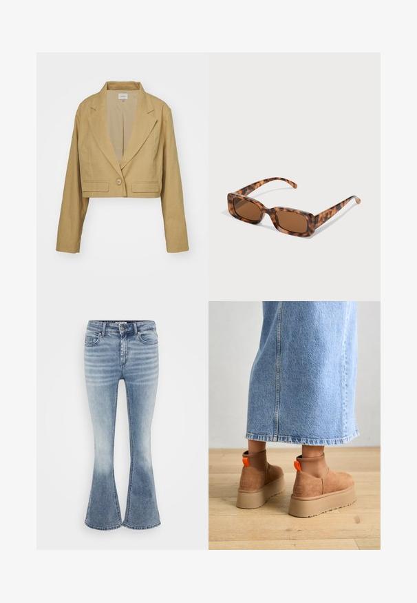 Getailleerde blazer van lichtbruin linnen met een notch-rever, enkele knoopsluiting en witte stiksels die de voorzakken accentueren.; Even&Odd Petite 3 PACK - Longsleeve - black/white/light green; Lichtblauwe uitlopende jeans van denim, met een klassiek vijf-pocketdesign, een ritssluiting aan de voorkant en subtiele vervaging langs de bovenbenen.; Bruine suède platformlaarzen met elastische zijkanten en oranje trekbandjes, gecombineerd met een lichtdenim rok tot de knie op een houten vloer.; Tortoiseshell zonnebril met rechthoekige bruine lenzen, een dik montuur en slanke armen met een patroon van variërende bruintinten.; Zilveren oorbellen in de vorm van een gladde, gepolijste ring. Ronde vorm met een veilige kliksluiting. Lichtgewicht ontwerp, geschikt voor dagelijks gebruik.