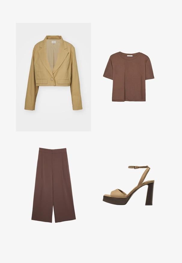 Skrajšani blejzer v svetlo rjavi lanu z notčnim ovratnikom, zapenjanjem na en gumb in belimi šivi, ki poudarjajo sprednje žepke.; Rjava kratka majica s kratkimi rokavi iz mehkega materiala, s krožnim izrezom in ohlapnim krojem. Brez vidnih vzorcev ali dodatkov.; Rjave široke hlače z gladko teksturo, ki imajo visok pas in sprednje naborke. Tkanina je lahka in prosto pada.; Bež semiš sandali na visoki peti z širokim sprednjim trakom in trakom okoli gležnja, opremljeni z debelim lesenim blokom peto z teksturirano površino.
