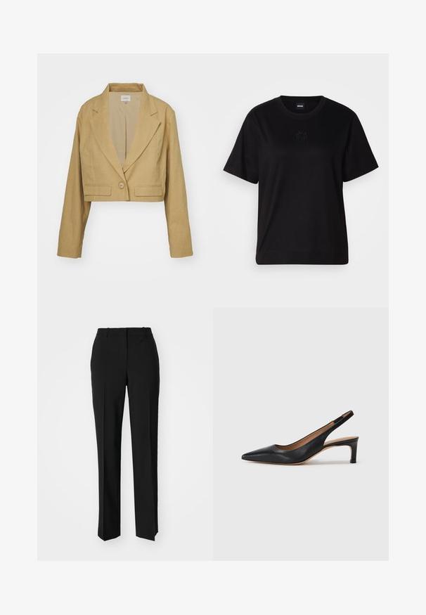 Kürzerer Blazer aus hellbraunem Leinen mit Reverskragen, einer einzelnen Knopfverschluss und weißen Nähten, die die Fronttaschen betonen.; Schwarzes Baumwoll-T-Shirt mit Rundhalsausschnitt, kurzen Ärmeln und aufgesticktem Logo auf der Brust. Einfacher, lässiger Schnitt ohne Muster.; Schwarze, taillierte Hose mit geradem Bein, aus einem glatten Stoff und mit klaren Falten an der Vorderseite. Keine sichtbare Hardware.; Schwarze Leder-Slingback-Pumps mit spitzer Zehenform, niedrigem Absatz und glatter Textur. Verfügt über einen dünnen, verstellbaren Riemen für einen sicheren Sitz.