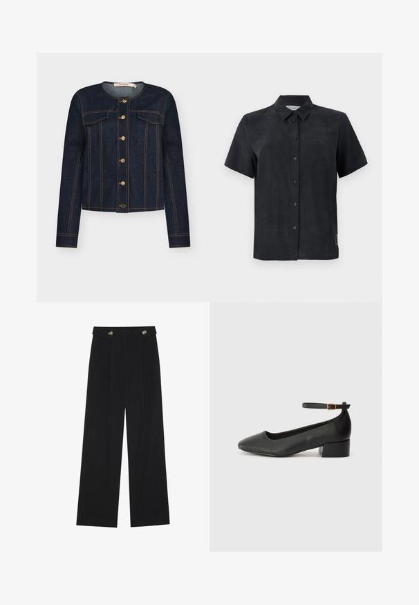 Tumša džinsa jaka ar apaļu kakla izgriezumu, zelta pogām, priekšējām kabatām un oranžu šuvumu. Raksturojuma garas piedurknes un piegulošs siluets.; Īsām piedurknēm, ar apkakli melna krekla, izgatavots no mīkstas auduma. Iespējo piecas priekšējās pogas un mazu uzlīmi sānos.; Melnas platās bikses ar augstu jostasvietu, pogu detaļām uz jostas un priekšējām krokām.; Melnas ādas sūkņi ar smailu purngalu un zemu bloku papēdi. Iezīmēts ar potītes siksniņu ar zelta krāsas sprādzi. Gluda tekstūra.