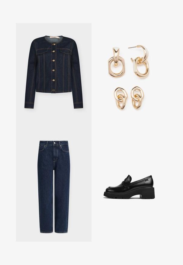 Dark denim jacket with a round neckline, gold buttons, front pockets, and orange stitching. Features long sleeves and a fitted design.; White short-sleeve t-shirt with a round neck, relaxed fit, made of soft cotton fabric. Smooth texture, no patterns or logos.; Dark blue denim jeans with a straight leg, high waist, silver hardware, front pockets, and subtle stitching details. Classic five-pocket design.; Black leather chunky-heeled loafer with thick sole and a strap detail across the top, shown from the side on a white background.; Gold-toned earrings featuring a mix of geometric shapes: a square, circle, and linked oval designs with a polished finish.