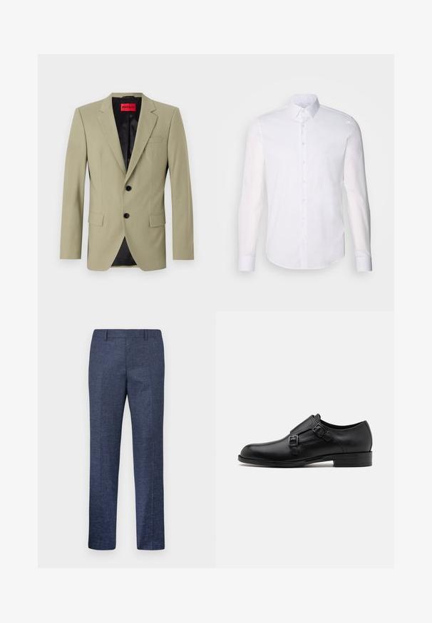 Blazer verde chiaro con rever, due bottoni neri e tasca sul petto. Presenta una fodera in satin nera a contrasto.; Camicia bianca a maniche lunghe con bottoni realizzata in cotone, caratterizzata da un colletto classico, bottoni frontali e dettagli di cucitura minimal.; Pantaloni blu navy realizzati in un tessuto texturizzato, con gamba dritta, davanti piatto e due tasche laterali. Nessun motivo o dettaglio visibile.; Scarpa da uomo in vera pelle nera con doppie fibbie, silhouette elegante e punta tonda. Presenta un tacco basso e una texture liscia.