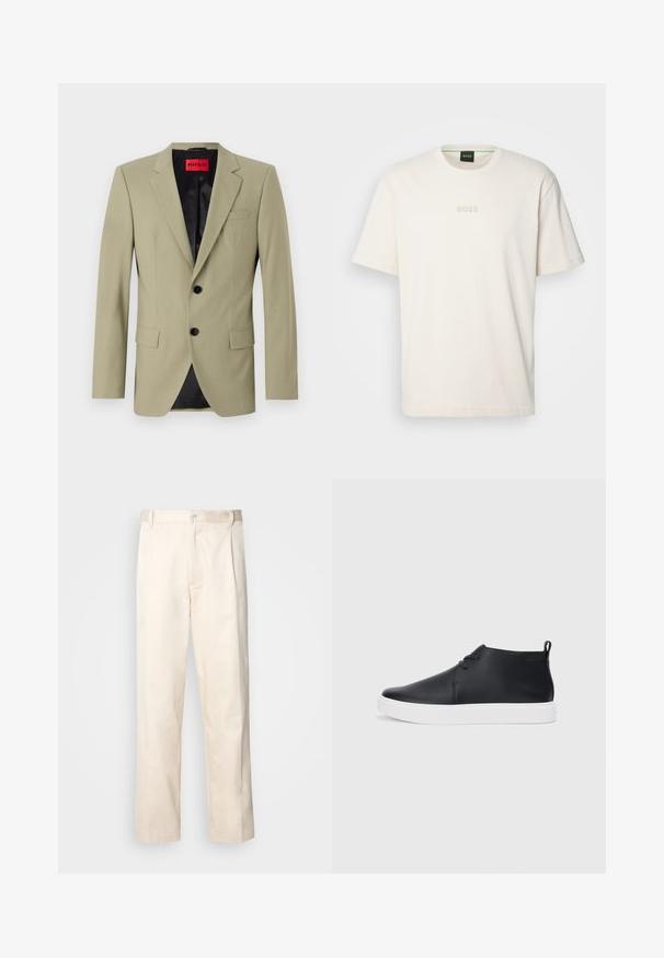 Svetle zelený blejzr s klopingovými klopami, dvěma černými knoflíky a náprsní kapsou. Má kontrastní černou saténovou podšívku.; BOSS TEE - Jednoduché tričko - open white; Bežové bavlněné kalhoty se střihy rovného nohavice, s knoflíkovým zapínáním a záhyby vpředu pro zvýraznění detailu.; Černé kožené vysoké tenisky s hladkým povrchem, bílou gumovou podrážkou a jednoduchým šněrováním. Obsahují poutko na zadní straně.