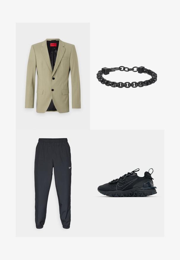 Lys grøn blazer med klapkraver, to sorte knapper og en brystlomme. Har en kontrasterende sort satinforing.; Sort kortærmet Nike t-shirt lavet af glat stof, med et hvidt swoosh-logo på øverste venstre side, rund halsudskæring.; Sorte træningsbukser lavet af letvægtsstof med elastisk talje, ankelsyninger og et diskret Nike-logo på venstre side.; Sort atletisk sko med en åndbar mesh-overdel, teksturerede detaljer og en bølget gummisål. Har reflekterende logo og snørresystem.; Sort metal kædearmbånd med sammenflettede led, firkantede detaljer og en glat overflade. Justerbart design for optimal pasform.