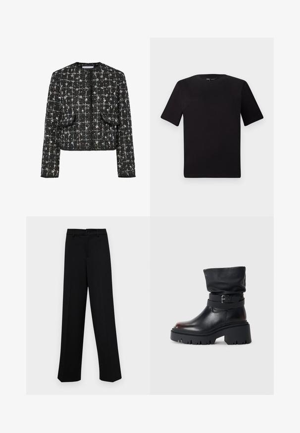 Mustmust ja hõbedane tweed jakker, lühendatud disain, ümmargune kaelus, neli ringikujulist nuppu, kaks eesmist taskut ja tekstureeritud pind.; Must olema lühikeste varrukatega must t-särk ümmarguse kaelusega, valmistatud pehmest puuvillast kangast. Lihtne disain, ilma nähtavate logode või mustriteta.; Musta laiad püksid siledast kangast, millel on klassikaline vöökoht, nööbiga sulgemine ja ees voldid.; Mustmustest mustat, millel on venivad ülendid, klamberdetail ja paks, robustne talla. Omab ümarat künarnukki ja sileda tekstuuri.