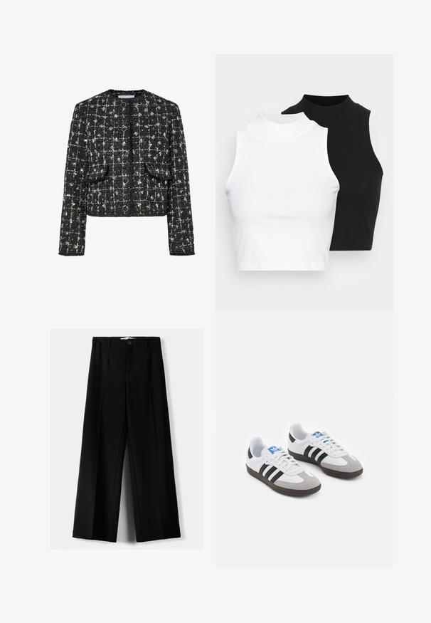 Fekete és ezüst tweed zakó, rövidített fazon, kerek nyakkivágás, négy kerek gombbal, két elülső zsebbel és texturált felülettel.; Két ujjatlan, bordázott garbós top fekete és fehér színben, testhezálló kialakítással és sima textúrával, rövidített hosszal.; Fekete, bő szárú nadrág, könnyű anyagból, elöl gombos záródással és sima elfröccsenésű fazonnal, szépen varrott szegélyekkel.; Fehér bőr felsőrészes sportcipő, szürke velúrból készült orral és három fekete csíkkal. Jellemzője a kék logó a nyelvén és egy texturált gumitalp.