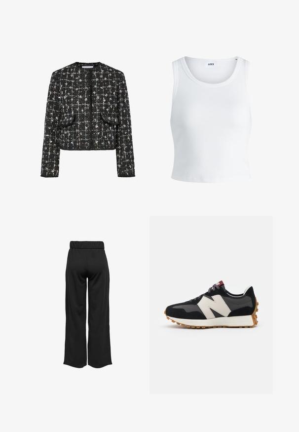 Črno-srebrna tvid jakna, kratka zasnova, okrogla izreza, ki ima štiri krožne gumbe, dva sprednja žepa in teksturirano površino.; Bela rebrasta majica brez rokavov z okroglim izrezom in krajšo dolžino. Oznaka navaja "JJXX." Gladka tekstura tkanine.; Črne hlače širokega kroja z elastičnim pasom, izdelane iz gladkega materiala. Imajo preprost dizajn brez žepov ali vidnih šivov.; Črne in sive semiš športne copate z velikim kremnim logotipom "N", vijoličastimi vezalkami in teksturiranim gumijastim podplatom.