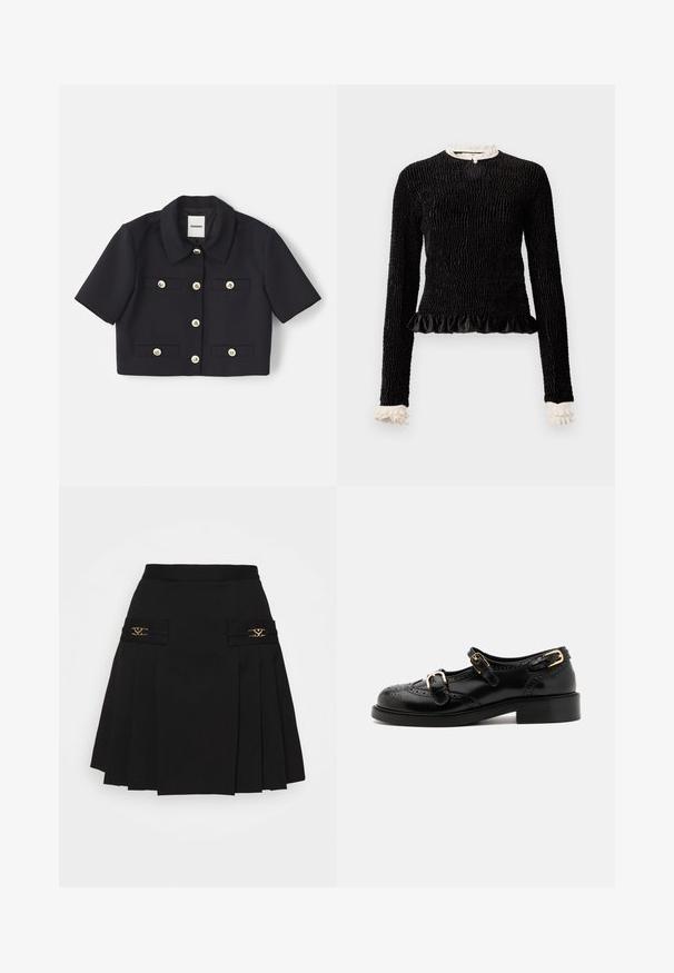 Mustaga lühikeste varrukatega kraega jakki, millel on neli taskut ees ja kuldse tooni nööbid. Valmistatud siledast kangast.; Must mustriga mustega, tekstuuriga kanga, volangäärtega ja valgete volangakinnitustega kaeluses ja varrukates. Omab keskel aasakinnitust.; Must mustriga seelik kuldsete detailidega. Omab küljetaskuid logodetailidega, valmistatud siledast materjalist. A-laineline siluett.; Mustal nahast kingad brogue-tekstiiliga, millel on kaks pandla rihma, ümar varvas ja madal konts. Sujuv tekstuur ja läikiv viimistlus.