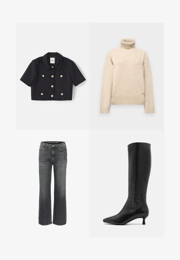 Mustaga lühikeste varrukatega kraega jakki, millel on neli taskut ees ja kuldse tooni nööbid. Valmistatud siledast kangast.; Kreemikollane kõrge kaelusega särk, mis on valmistatud pehmest kudumkangast. Omab soonikservi mansettidel ja allservas, koos diskreetse brändi logoga vasakul all.; Laiad püksid tumedast hallist denimist, klassikalise viie taskuga disainiga, õmmeldud detailid ja nööbiga sulgemine vööl.; Zign Saapad - black