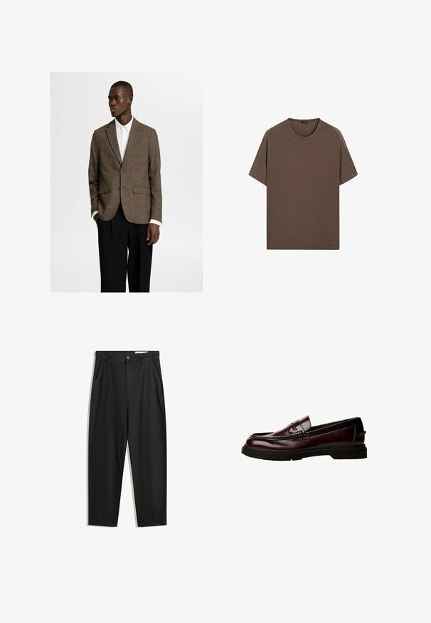 Selected Homme KARIERTER - Kavaj - brownie; Brun bomulls t-shirt med rund hals och korta ärmar. Enkelt mönster med en jämn struktur och en avslappnad passform. Inga mönster eller detaljer.; Svarta bomullsshorts med avslappnad passform, med en klassisk midja, framveck och sidfickor. Slät textur utan mönster.; Bruna läder loafers med rund tå, detaljerad sömnad och gummisula. Har ett dekorativt band och en slät yta.