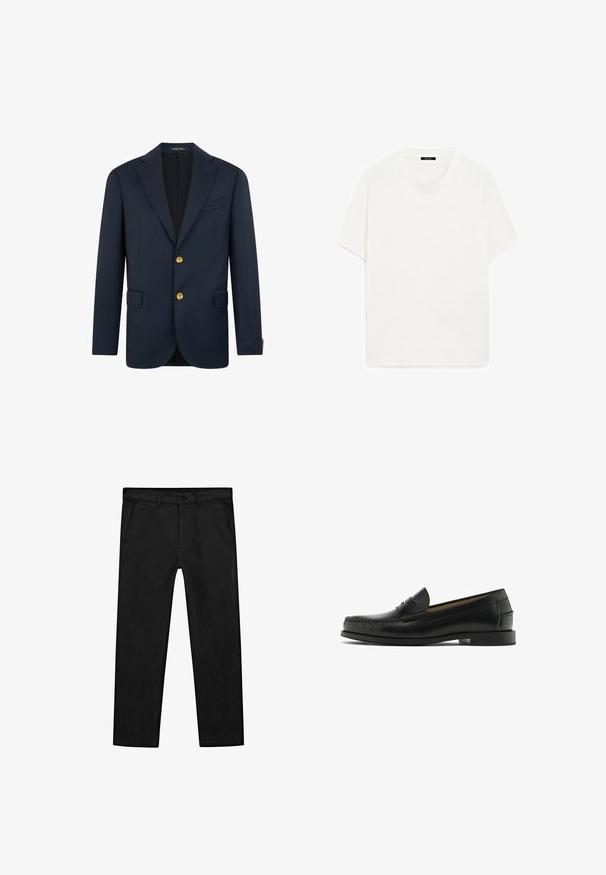 Granatowa marynarka wykonana z gładkiego materiału, z pojedynczym zapięciem, klapami z wycięciem, dwoma przednimi kieszeniami i złotymi guzikami.; Biała koszulka z krótkim rękawem, okrągły dekolt, miękka tekstura, prosty krój, minimalistyczny design, bez widocznych wzorów czy akcentów.; Czarne bawełniane spodnie o prostych nogawkach, z przednimi kieszeniami oraz klasycznym zapięciem na guzik i suwak. Gładka faktura, dopasowany krój.; Czarne skórzane mokasyny z przeszyciami, okrągłym noskiem i małym obcasem w kształcie bloku. Gładka faktura, minimalistyczny design i styl wsuwany.