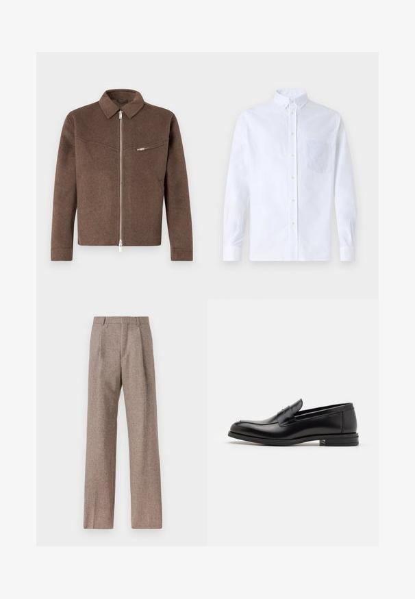 Rudų vilnos mišinio džinsas su apykakle, priekyje užtrauktukas ir šone užtrauktuko kišenė. Tekstūruotas paviršius ir tiesus kirpimas.; Balta ilga rankovė mygtukų marškiniai, pagaminti iš medvilnės, su krūtine kišene ir toniniu siuvinėjimu, apykakle ir mygtukų apvadu.; Rudos, aukšto liemens kelnes, pagamintas iš tekstūruotos medžiagos. Plati kojos, dvi priekinės klostės struktūrai. Tvarkingas apdailos darbai, be matomų detalių.; Juodos odinės loafers, turinčios lygų paviršių, apvalią noselę ir dekoratyvinę juostą per priekinę dalį. Žemas krentantis kulnas, minimalistinis dizainas.