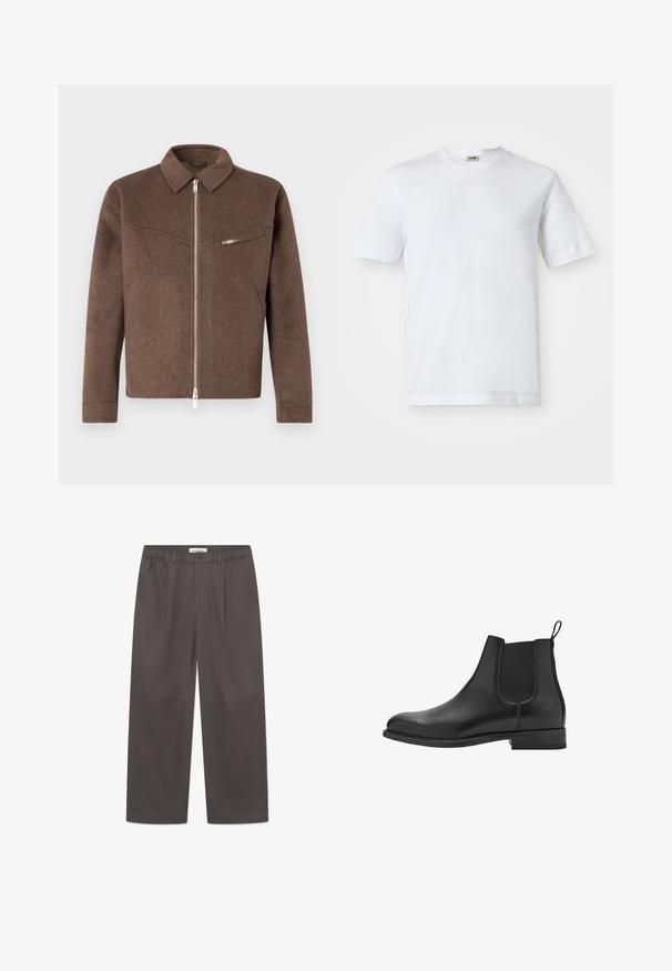Jachetă din lână brună cu guler, închidere frontală cu fermoar și un buzunar lateral cu fermoar. Finisaj texturat și croială dreaptă.; Tricou alb din bumbac, cu mâneci scurte, guler rotund și textură netedă. Nu sunt vizibile modele sau accente.; Pantaloni gri, cu picioare largi, dintr-un material neted, având închidere cu buton și două buzunare laterale. Design simplu, curat, fără modele vizibile.; Bocanci Chelsea din piele neagră, cu panouri elastice laterale, vârf rotund și toc mic. Textură netedă și un design curat, minimalist.