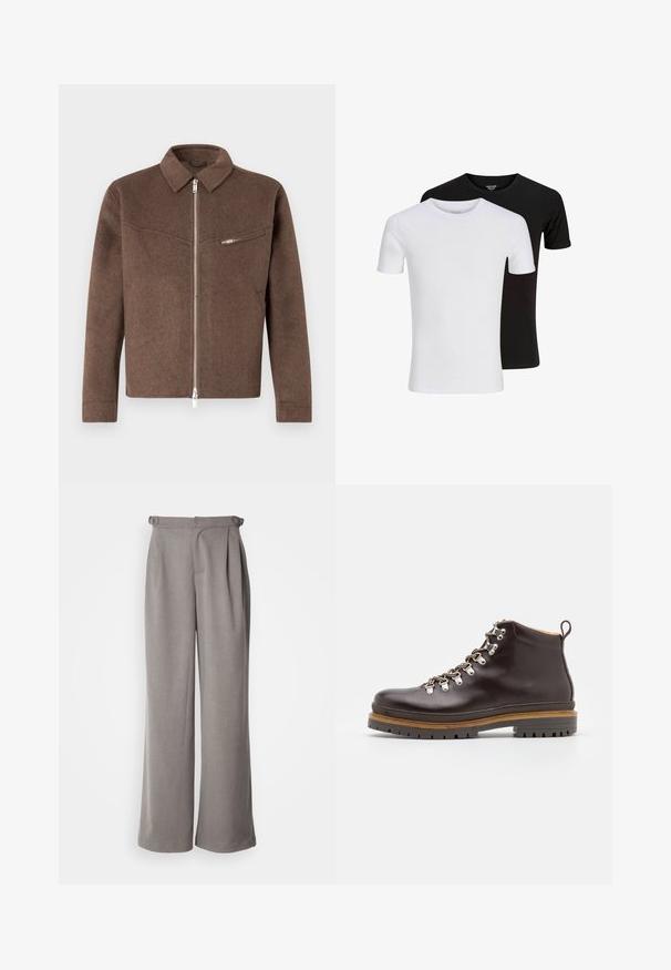 Brown wool-blend jacket with a collared neckline, front zip closure, and a side zip pocket. Textured finish and straight cut.; Two plain short-sleeve crew neck T-shirts, one white in front and one black behind, displayed on a white background.; Light grey wide-leg trousers made of woven fabric. Features pleats at the waist and belt loops. Smooth texture and full length design.; Zign LEATHER - Lace-up ankle boots - brown