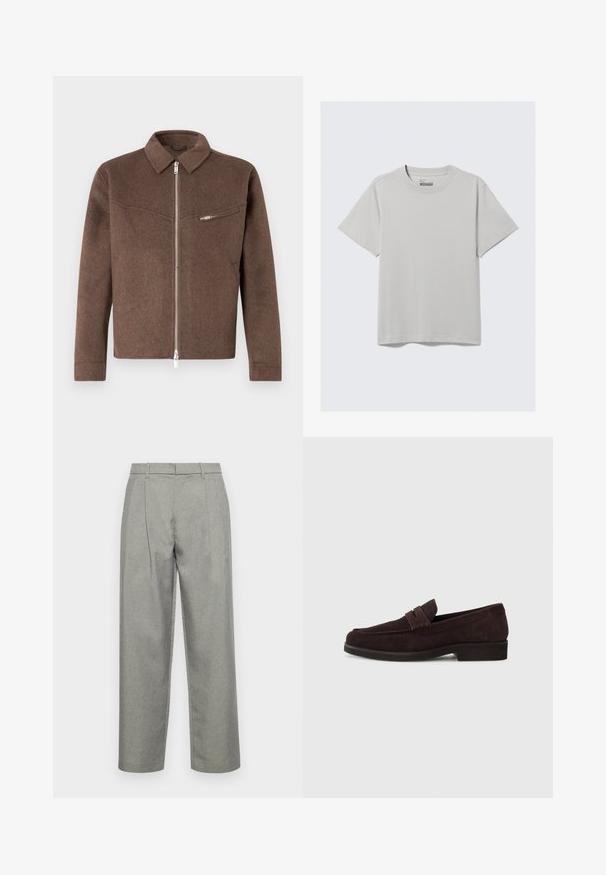 Casaco castanho em mistura de lã com gola, fecho frontal com zíper e um bolso lateral com zíper. Acabamento texturizado e corte reto.; Camiseta de algodão cinza claro com gola redonda e mangas curtas, apresentando um design minimalista e um ajuste solto. Sem padrões ou detalhes.; Calças cinzas ajustadas, feitas de tecido texturizado, com design de perna reta, pregas frontais e uma cintura standard com passantes para cinto.; Mocassins de camurça castanhos com um perfil baixo e ponta arredondada. Apresentam uma faixa decorativa na parte superior, sola de borracha plana e sem costuras visíveis.