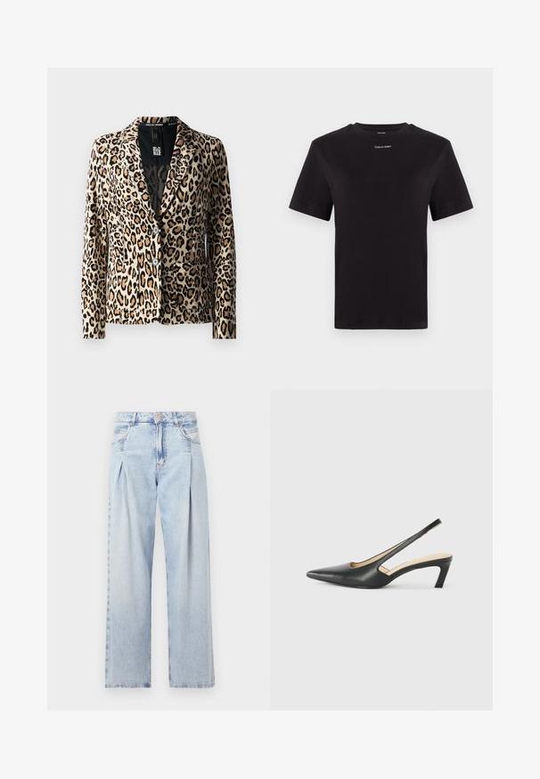 Leopard-Print-Blazer aus weichem Stoff, mit Reverskragen, zwei Fronttaschen und drei Knöpfen. Die Farbpalette umfasst Beige und Schwarz.; Schwarzes Baumwoll-T-Shirt mit kurzen Ärmeln, Rundhalsausschnitt und kleinem weißen "Calvin Klein"-Logo auf der Brust. Glatte Textur, klassischer Schnitt.; Helle blaue Denim-Jeans mit hoher Taille, weitem Beinschnitt, zwei seitlichen Taschen und gefaltetem Design. Weiche Textur mit einem ausgebleichten Finish.; Schwarzer spitz zulaufender Slingback-Schuh mit niedrigem Absatz, der aus glattem Leder gefertigt ist und seitliche Ausschnitte für Atmungsaktivität aufweist.