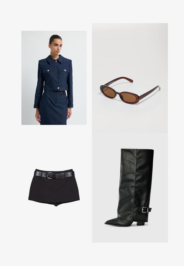 Nainen, joka on pukeutunut räätälöityyn tummansiniseen takkiin, jossa on kultaiset napit, ja yhteensopivaan korkeavyötäröiseen hameeseen, seisoo vaaleaa valkoista taustaa vasten.; Vaaleansininen paita, jossa on pystysuorat valkoiset ja vaaleanpunaiset raidat, kaulus ja pitkät hihat. Paitassa on takana laskos ja napitettavat hihansuut.; Mustat shortsit sileällä pinnalla, joissa on leveä musta vyö ja hopeinen solki, muotoiltu istuvaksi malli, jossa on hieman korkea vyötärö.; Musta nahkasaappaat nilkkapituudella, teräväkärkiset, sileällä pinnalla ja hopeisella soljella sivussa. Tukeva neliönmallinen korko.; Pyöreät, ruskehtavat aurinkolasit, joissa on kiiltävä burgundinpunainen runko. Kapeat sivut, joissa on hienovarainen brändäys. Litteät linssit.