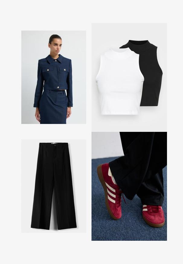 Nainen, joka on pukeutunut räätälöityyn tummansiniseen takkiin, jossa on kultaiset napit, ja yhteensopivaan korkeavyötäröiseen hameeseen, seisoo vaaleaa valkoista taustaa vasten.; Kaksi hihattomaa ribattua kauluspaitaa mustana ja valkoisena, joissa on istuva muotoilu ja sileä rakenne, sekä lyhyt pituus.; Mustat leveälahkeiset housut, jotka on valmistettu kevyestä kankaasta. Housuissa on etunappikiinnitys ja tasainen etuosa, sekä huolellisesti ommellut helmat.; Punainen mokkanahkainen lenkkari, jossa on valkoiset raidat, nauhavalikoima ja teksturoitu ruskea kumipohja. Yhdistetty mustiin housuihin, sinisen maton taustalla.