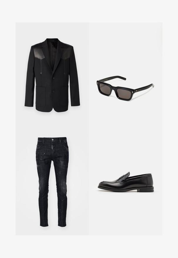 Black blazer featuring leather shoulder accents, notch lapels, two front pockets, and a single-button closure. Smooth, tailored design.; White cotton sleeveless tank top with a round neckline, featuring a smooth texture and a fitting shape, designed for casual wear.; Black denim jeans featuring a slim fit, distressed texture, paint splatter accents, and bold graphic prints on the front.; Black leather loafers with a smooth texture, rounded toe, and a decorative strap across the vamp. Low stacked heel, minimalist design.; Black rectangular sunglasses with dark lenses, thick plastic frame, gold accents on temples, and brand logo engraved on the arm.