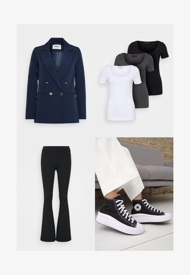 Navy blue double-breasted blazer with a notched lapel, gold buttons, and smooth texture. Features side pockets and a tailored fit.; Three fitted T-shirts in white, gray, and black. Each features a wide scoop neckline and short sleeves. Made from smooth, stretchy fabric.; Black flared pants made of stretchy fabric, featuring a high waistband and a smooth texture. The pants flare out from the knee.; Black high-top sneakers with white rubber soles and laces. Features a round logo patch and contrasting white stitching. Canvas material.