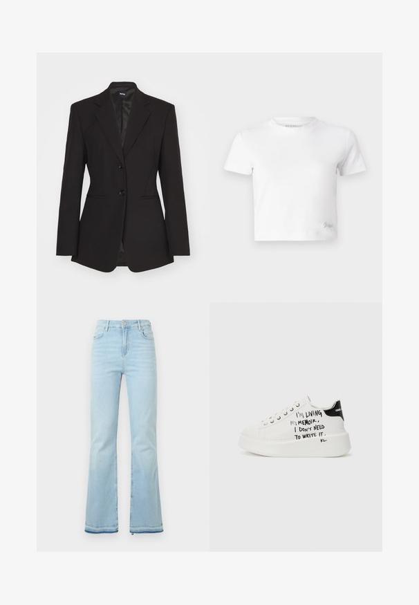 Black tailored women's blazer with two buttons, notched lapels, and two front pockets, displayed on a white background.; White cropped t-shirt made of smooth cotton, featuring a high neckline and short sleeves. Small embroidered logo in the bottom corner.; Light blue flared jeans made of denim, featuring a high waist, front pockets, and a raw hem at the cuffs for a casual look.; White platform sneakers with black accents, featuring a textured sole and handwritten text on the sides. Smooth leather material.