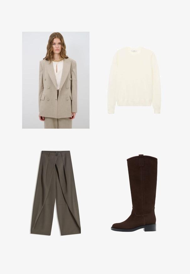 Blazer doppiopetto beige con grandi bottoni, rever a punta e vestibilità sartoriale. Indossato sopra una blusa crema con scollatura a chiave.; Maglione color crema con un classico collo rotondo, polsini e orlo a costine, e una texture morbida. Tessuto leggero con una finitura liscia.; Pantaloni a gamba larga realizzati in un tessuto testurizzato grigio scuro. Presentano una piega frontale, chiusura con bottone e tasche laterali per praticità.; Stivali al ginocchio in suede marrone con punta arrotondata, cuciture sottili e tacco basso a blocco; presentano un laccio nella parte superiore per una facile calzata.