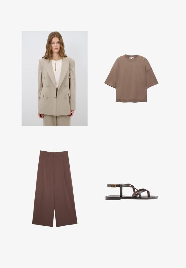 Beige dobbeltradet blazer med store knapper, slagkrave og tilpasset pasform. Båret over en cremefarvet bluse med nøglehulskrave.; Brun oversized T-shirt, korte ærmer, rund halsudskæring, lavet af blødt bomuldsstof, har et enkelt design og minimale syninger.; Brune bredbunde bukser med en glat tekstur, der har høj talje og plisseringer foran. Stoffet er let og falder løst.; Brune lædersandal med krydsende stropper, ankelspænde og en flad sål med minimale syninger.