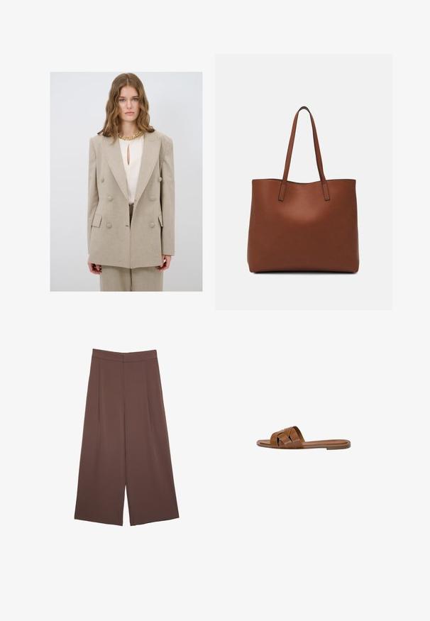 Beige double-breasted blazer with large buttons, notched lapels, and tailored fit. Worn over a cream blouse with a keyhole neckline.; Brown short-sleeve t-shirt made of soft fabric, with a round neckline and relaxed fit. No visible patterns or accents.; Brown wide-leg trousers with a smooth texture, featuring a high waist and front pleats. The fabric is lightweight and flows loosely.; Brown leather slide sandal with crossed straps, flat sole, and a smooth texture. Simple design without embellishments or patterns.; Brown leather tote bag with a smooth texture, open top design, and two shoulder straps. Features minimal stitching and no visible hardware.