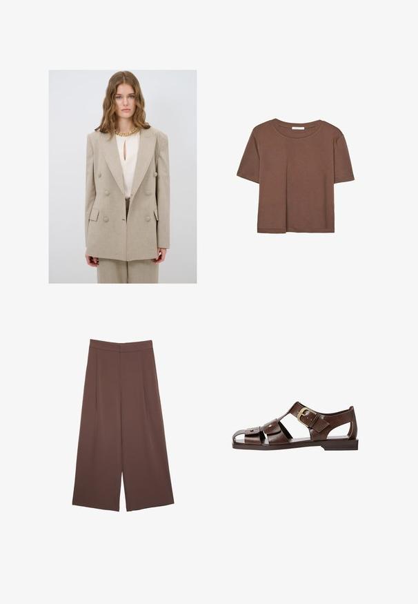 Beige Doppelreiher-Blazer mit großen Knöpfen, Reverskragen und taillierter Passform. Getragen über einer cremefarbenen Bluse mit einem Schlüsselausschnitt.; Braunes, kurzärmliges T-Shirt aus weichem Material mit rundem Halsausschnitt und lockerer Passform. Keine sichtbaren Muster oder Akzente.; Braune Weite-Leg-Hosen mit einer glatten Textur, hoher Taille und Vorderfalten. Der Stoff ist leicht und fällt locker.; Braune Leder-Sandale mit ausgeschnittenem Design, verstellbarem seitlichem Riemenverschluss und flacher Sohle, mit Metallakzenten und offenem Zehenbereich.