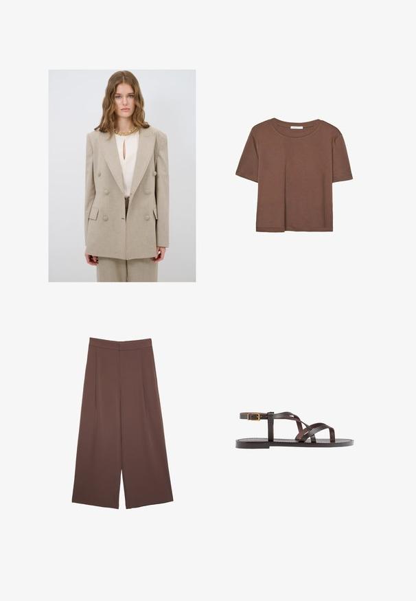 Blazer doppiopetto beige con grandi bottoni, rever a punta e vestibilità sartoriale. Indossato sopra una blusa crema con scollatura a chiave.; Maglietta a maniche corte marrone realizzata in tessuto morbido, con scollatura rotonda e vestibilità rilassata. Nessun motivo o dettaglio visibile.; Pantaloni ampi marroni con una texture liscia, caratterizzati da una vita alta e pieghe frontali. Il tessuto è leggero e scorre liberamente.; Sandal in pelle marrone con cinturini incrociati, chiusura con cinturino alla caviglia e suola piatta con dettagli di cucitura minimi.