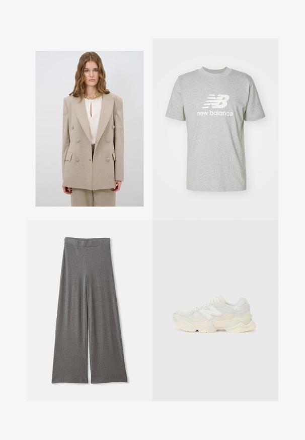 Beige kaksirivinen bleiseri suurilla napeilla, käänteillä ja muotoonommellulla istuvuudella. Sen päällä on kermavärinen paita, jossa on avainelementtinä oleva kaula-aukko.; Vaaleanharmaa puuvillapaidan, jossa on lyhyet hihat, pyöreä pääntie ja valkoinen "New Balance" -logo selkeästi esillä edessä.; Harmaat, uritettut leveät housut, joissa on korkea, joustava vyötärö. Kangas näyttää pehmeältä ja teksturoidulta, ja se tarjoaa rentoa istuvuutta koko pituudeltaan.; Kevyt lenkkari, jossa on verkko- ja mokkanahkapinta pehmeissä kerman sävyissä, chunky-pohja ja kolmiulotteiset yksityiskohdat.