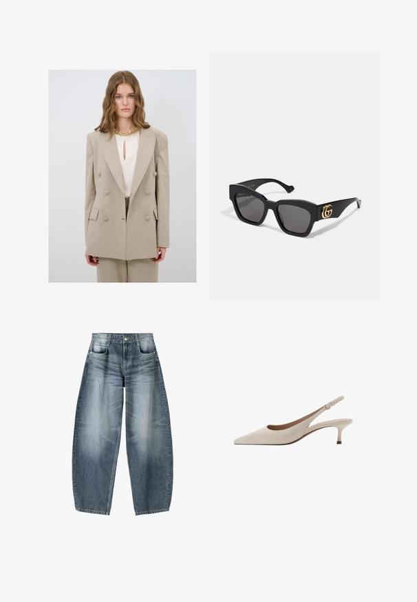 Beige double-breasted blazer with large buttons, notched lapels, and tailored fit. Worn over a cream blouse with a keyhole neckline.; White long-sleeve women's top with boat neckline, ruched waist detailing, and slightly fitted silhouette.; Wide-leg jeans made of light blue denim with fading, featuring a five-pocket design, button fly, and minimal stitching details.; Beige slingback heels with a pointed toe and a low, flared heel. Made from smooth leather with a minimalistic design and adjustable strap.; Black rectangular sunglasses with dark lenses, featuring gold GG logo on the side. Made of glossy plastic with straight temple arms.